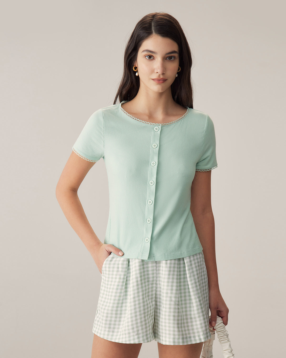 Belltoile™ Yeşil Yuvarlak Yaka Düğmeli Slim Tee