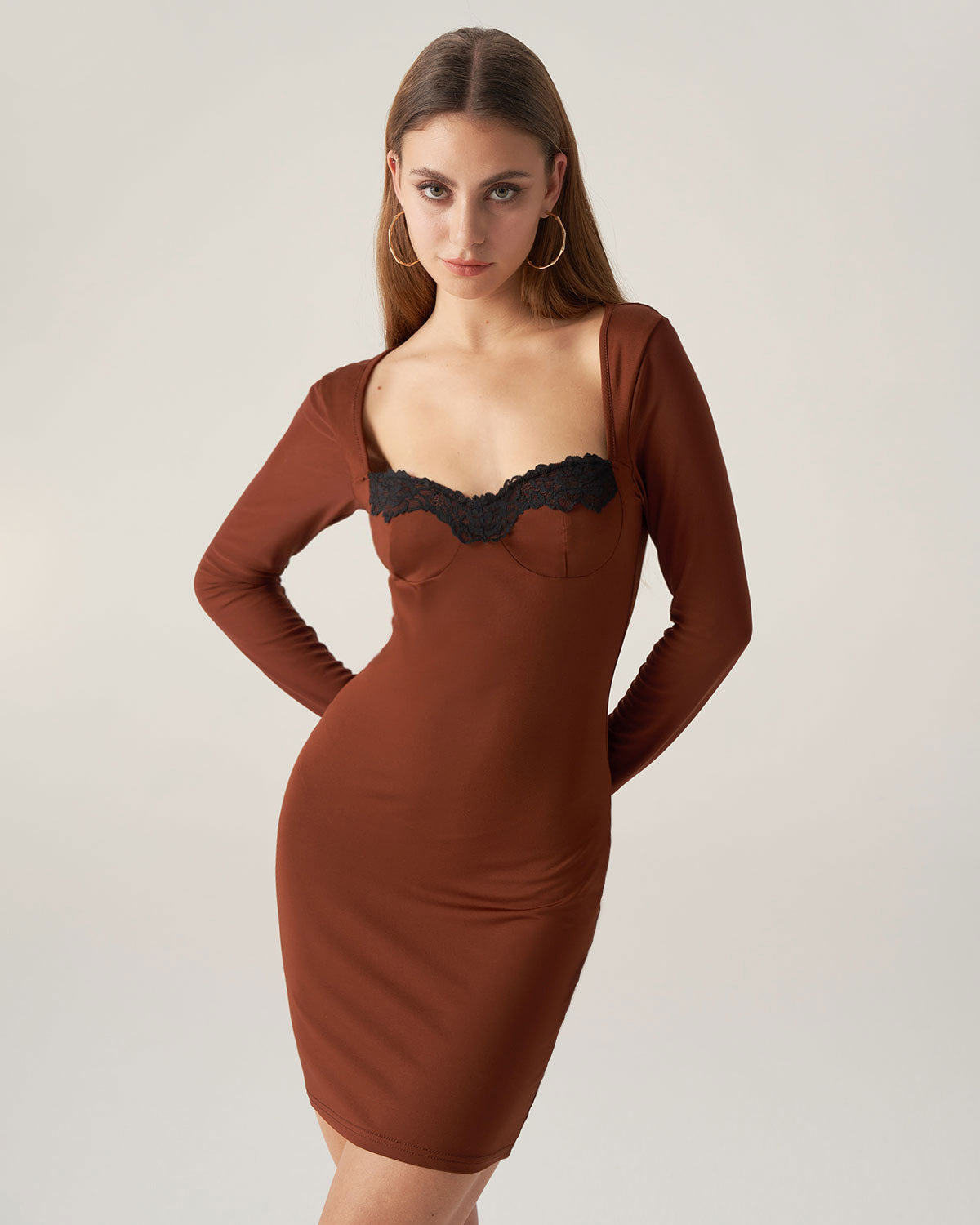 Belltoile Bettydress-Kahverengi Dantelli Bodycon Mini Elbise