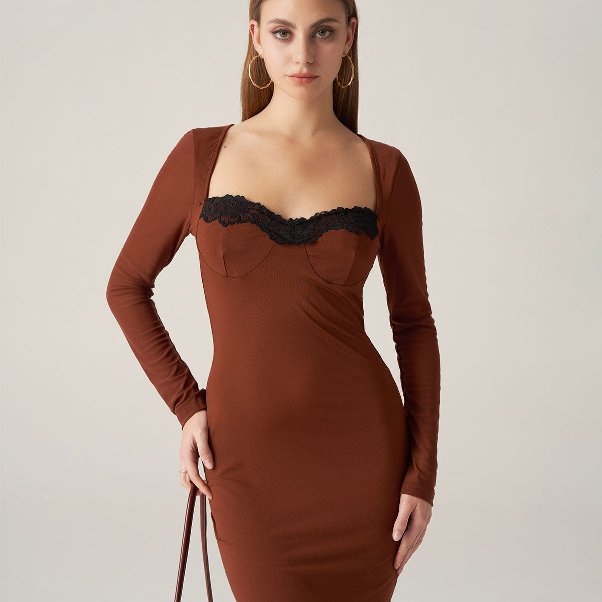 Belltoile Bettydress-Kahverengi Dantelli Bodycon Mini Elbise