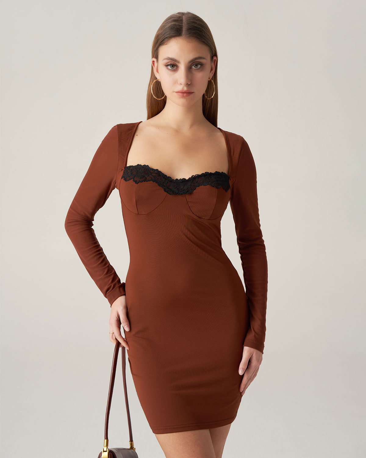 Belltoile Bettydress-Kahverengi Dantelli Bodycon Mini Elbise