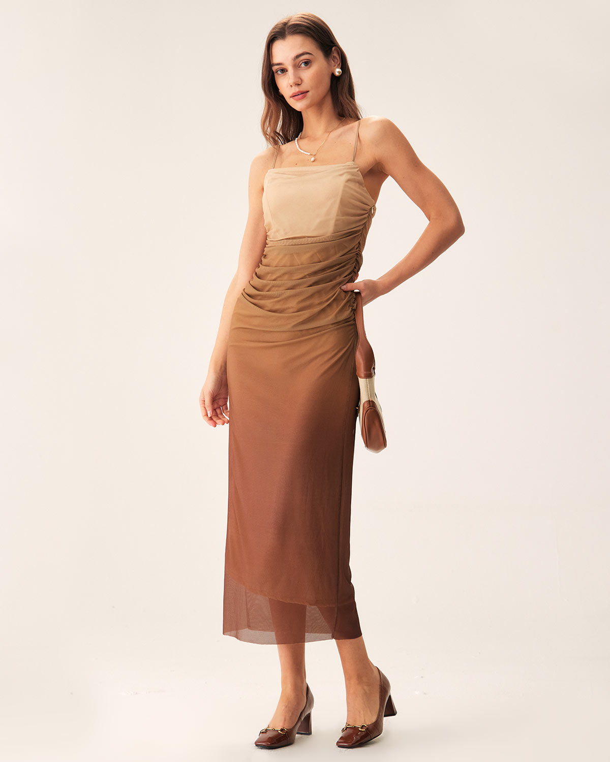 Belltoile Kahverengi Dantelli File Slip Midi Elbise