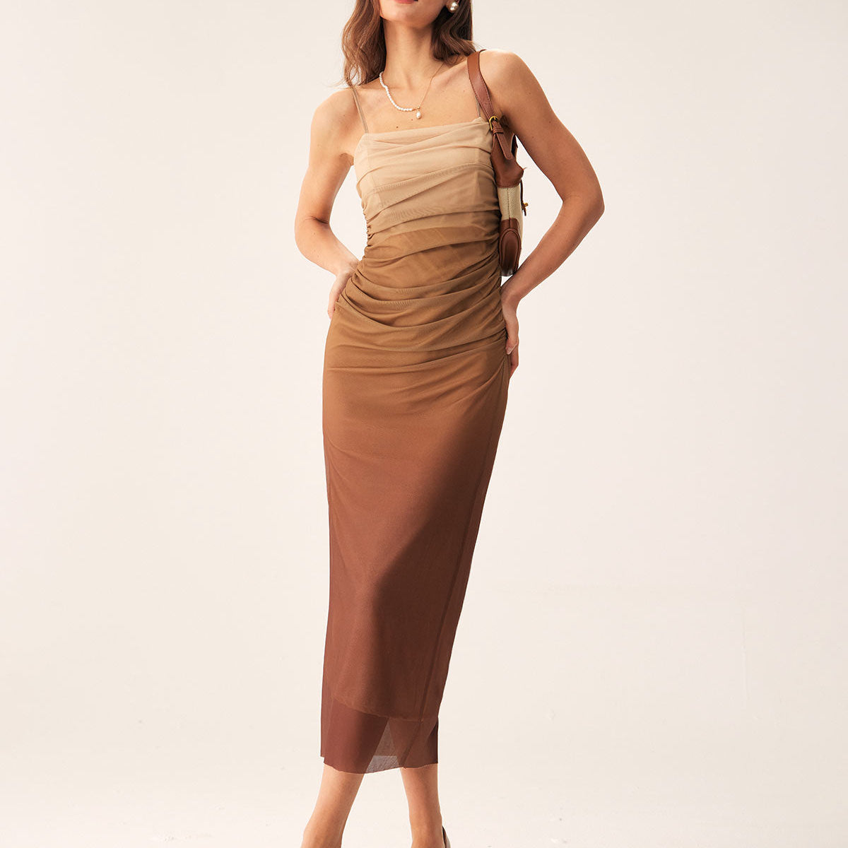 Belltoile Kahverengi Dantelli File Slip Midi Elbise