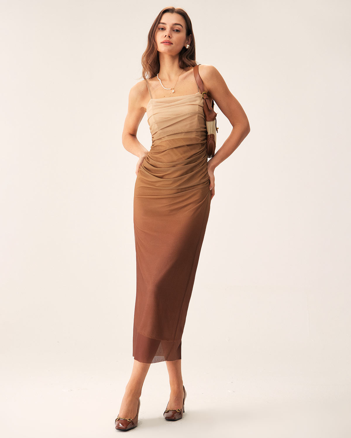 Belltoile Kahverengi Dantelli File Slip Midi Elbise