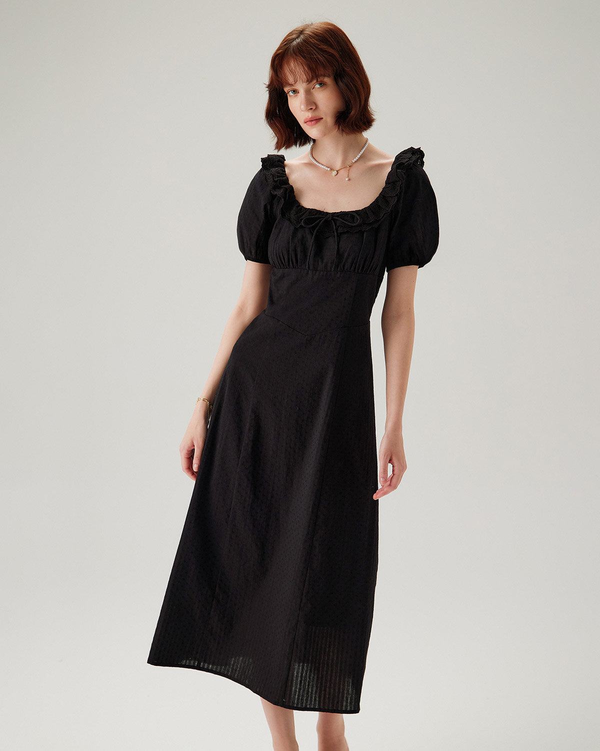 Belltoile™ Siyah Nakışlı Kabarık Kol Maxi Elbise