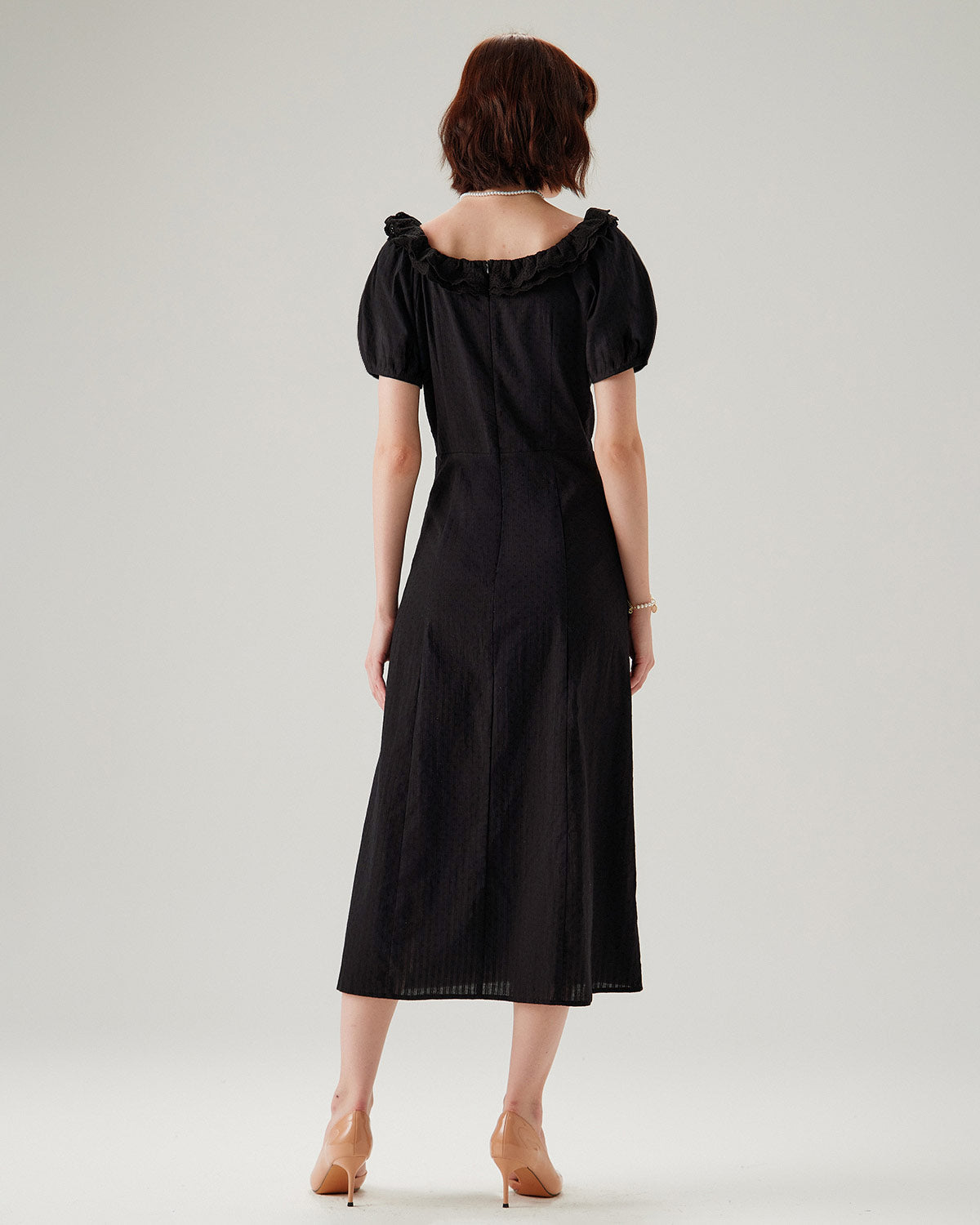 Belltoile™ Siyah Nakışlı Kabarık Kol Maxi Elbise
