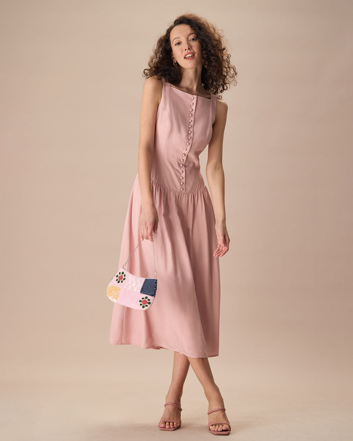 Belltoile™ Kadın Pembe Kayık Yaka Kolsuz Lyocell Midi Elbise