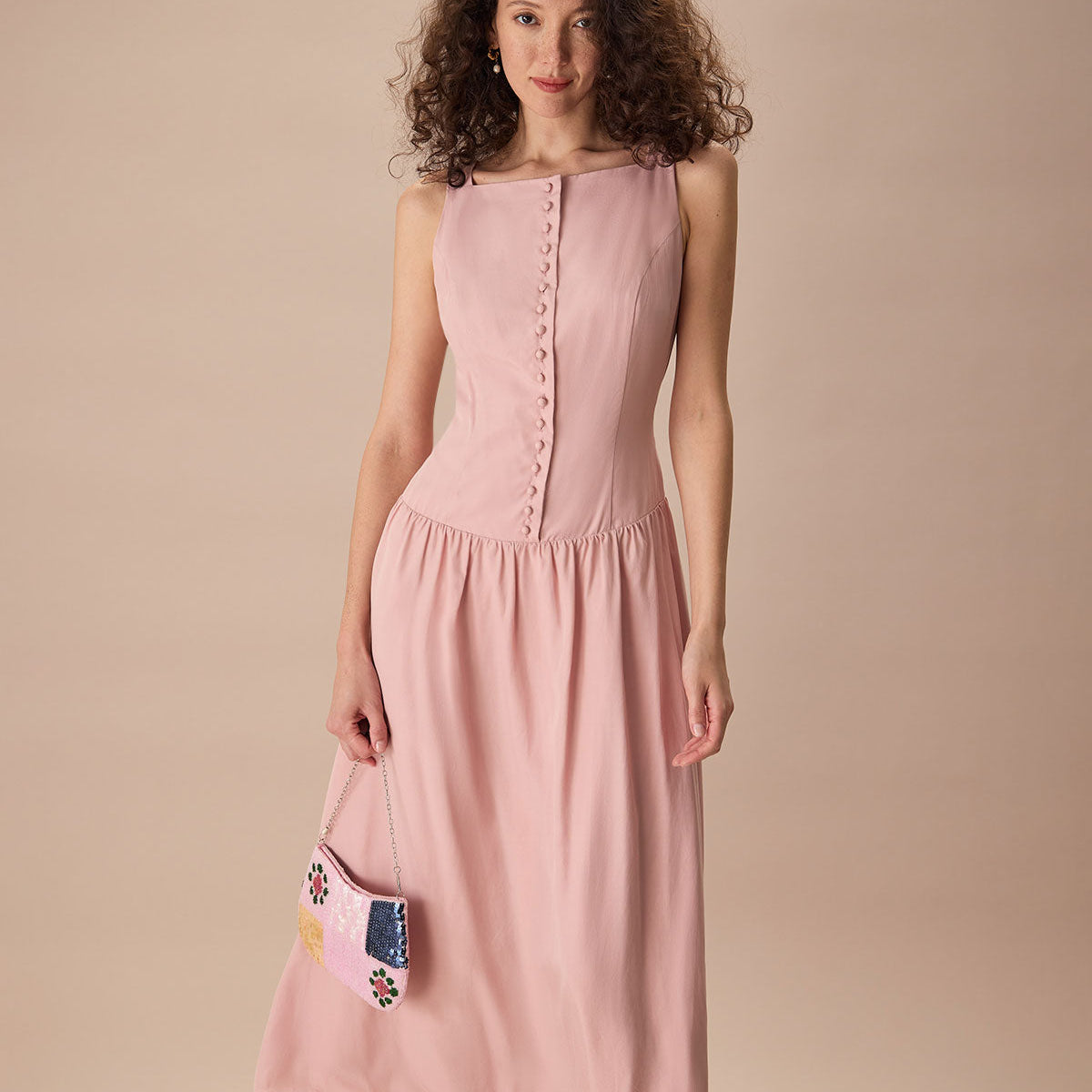 Belltoile™ Kadın Pembe Kayık Yaka Kolsuz Lyocell Midi Elbise