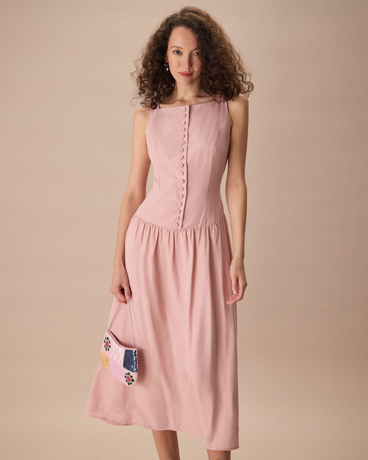 Belltoile™ Kadın Pembe Kayık Yaka Kolsuz Lyocell Midi Elbise