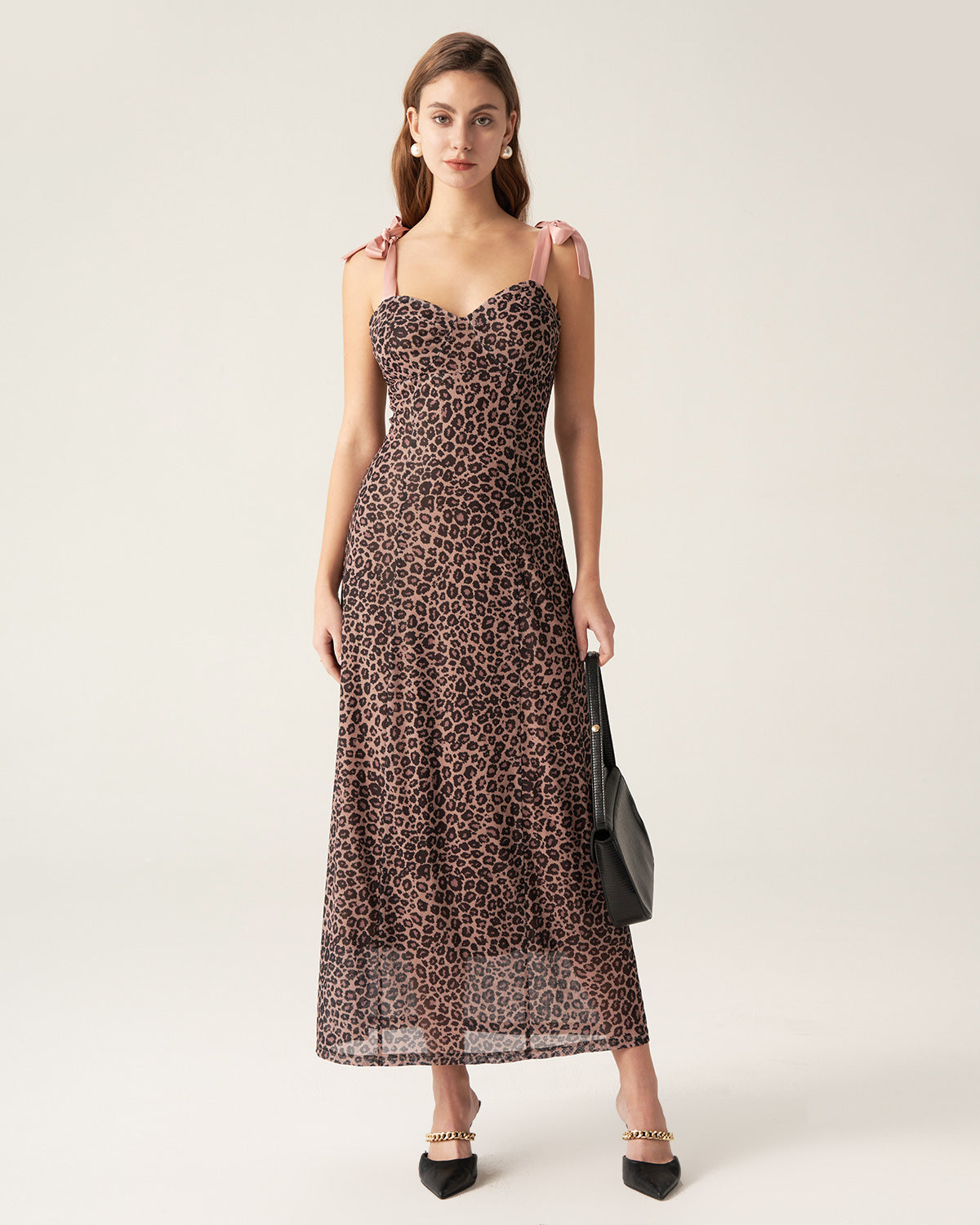Belltoile™ Kahverengi Leopar Kalp Yaka Slip Maxi Elbise
