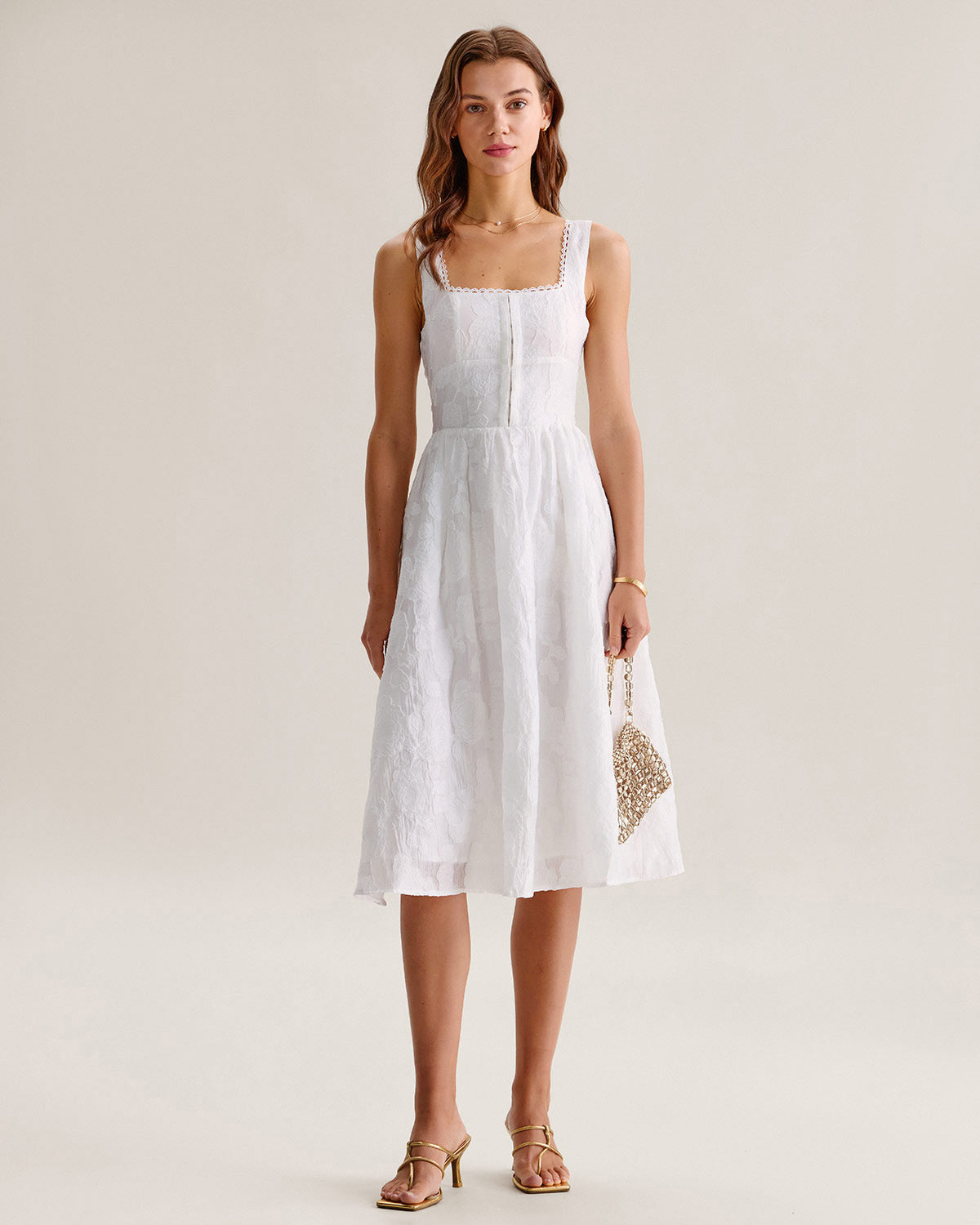 Belltoile Beyaz Jakarlı Büzgülü Slip Midi Elbise