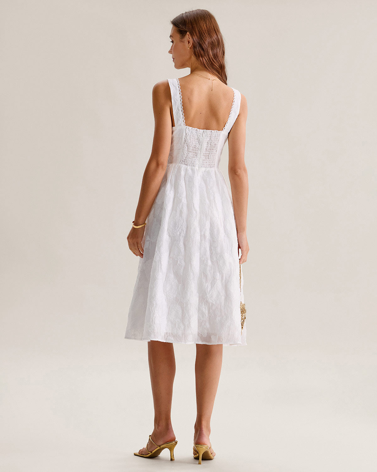 Belltoile Beyaz Jakarlı Büzgülü Slip Midi Elbise