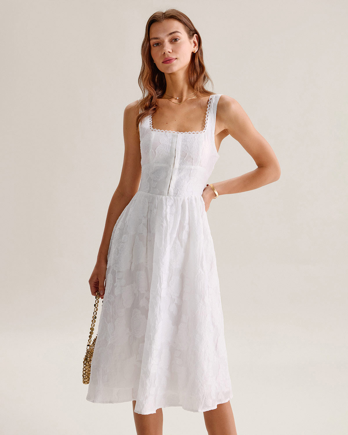 Belltoile Beyaz Jakarlı Büzgülü Slip Midi Elbise