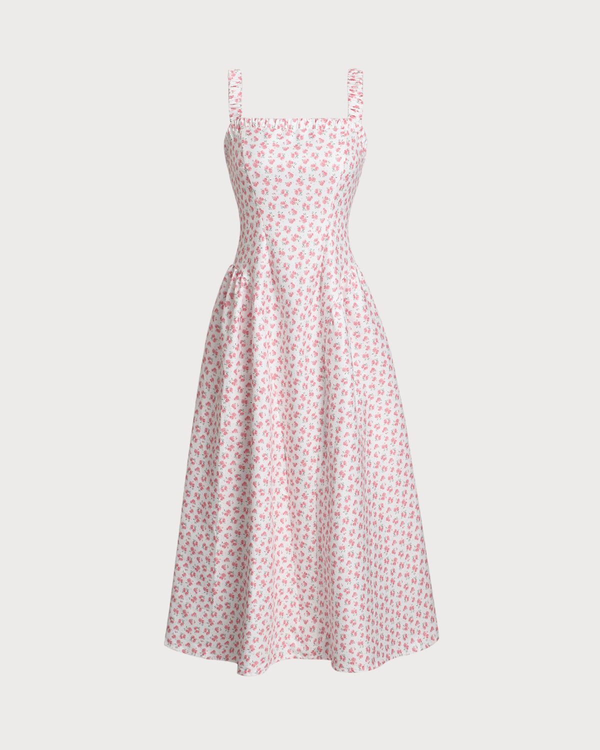 Belltoile™ Pembe Çiçekli Kare Yaka Pileli Midi Elbise