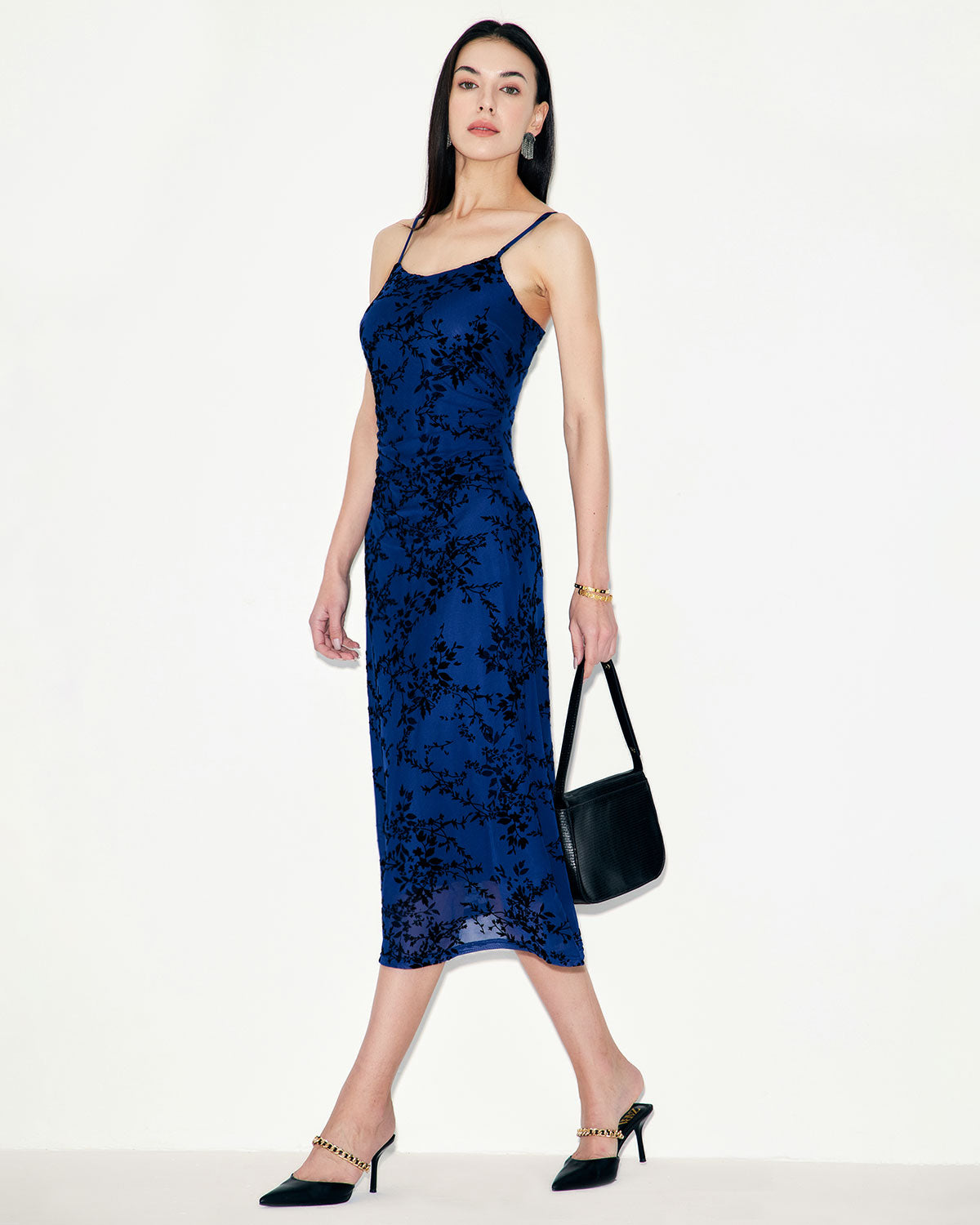 Belltoile™ Mavi Çiçekli File Slip Midi Elbise