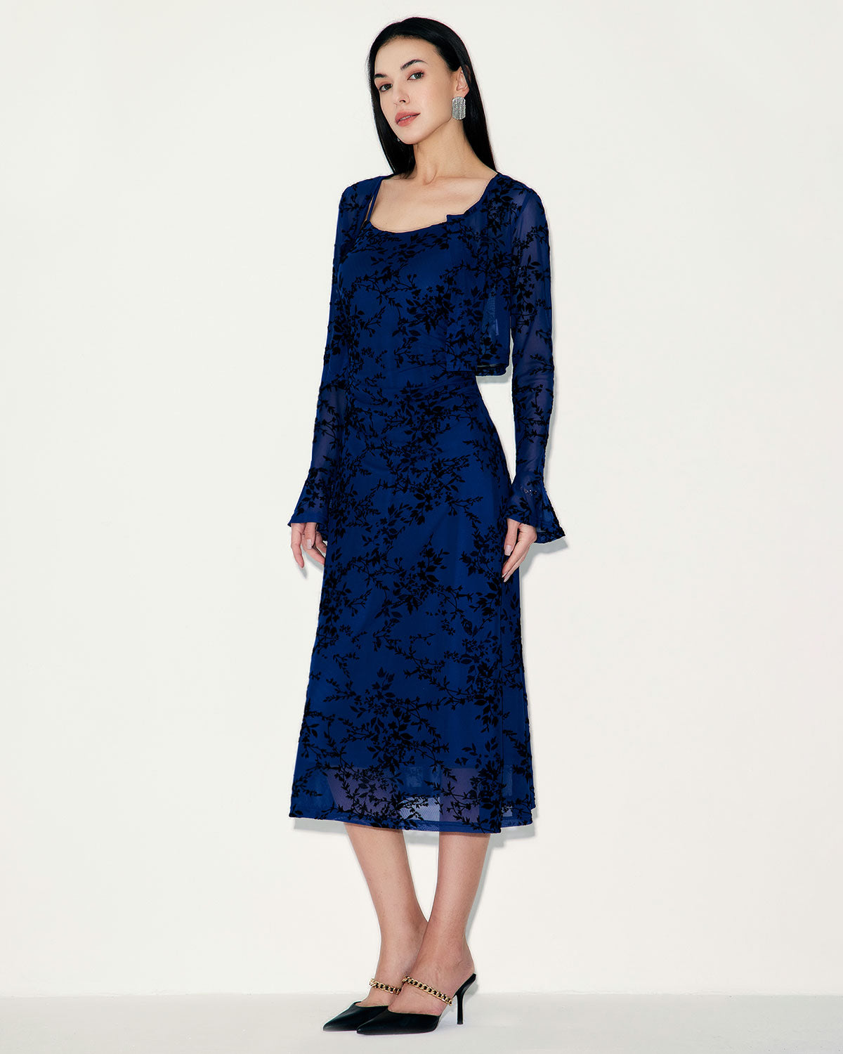 Belltoile™ Mavi Çiçekli File Slip Midi Elbise