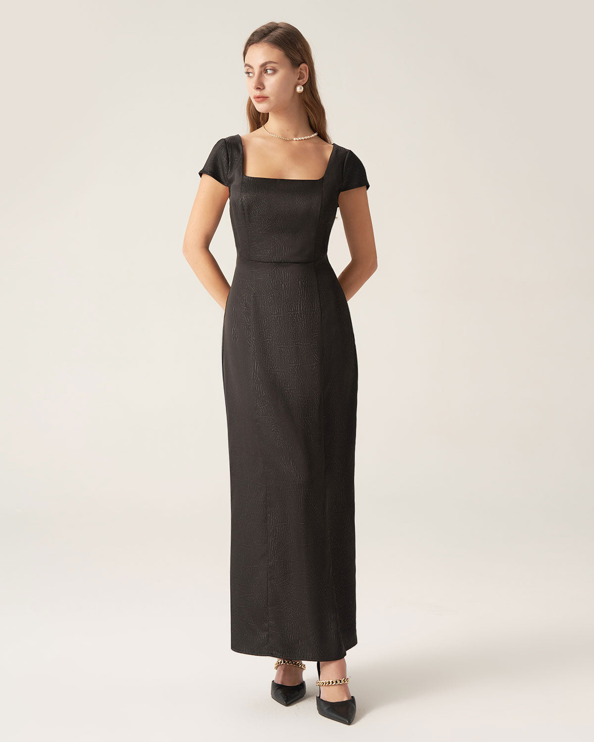 Belltoile™ Siyah Kare Yaka Kap Kol Maxi Elbise