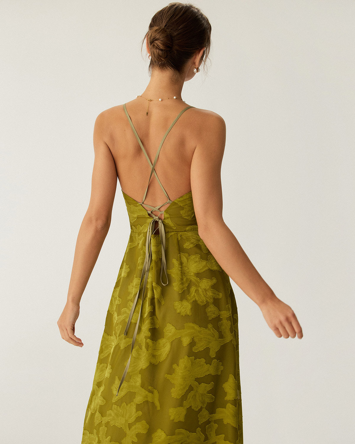 Belltoile Yeşil Çiçekli Dantelli Sırtı Açık Slip Maxi Elbise