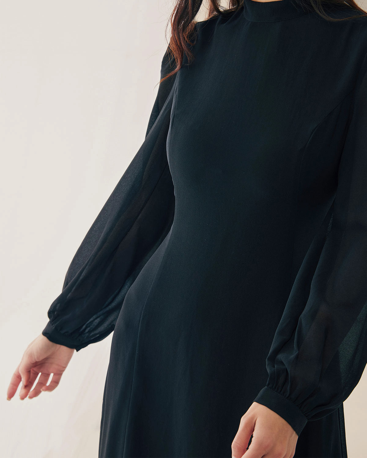 Belltoile™ Siyah Transparan Balıkçı Yaka Dökümlü Midi Elbise
