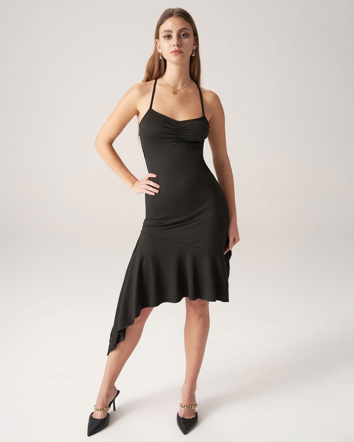 Belltoile™ Bettydress-Siyah Fırfırlı Sırtı Açık Midi Elbise