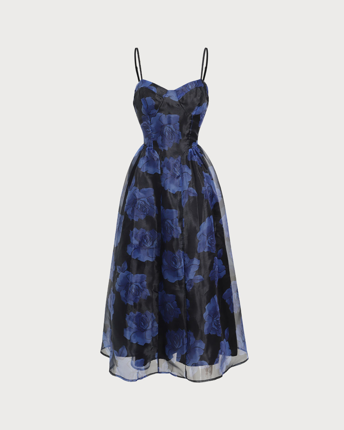 Belltoile™ Lacivert Çiçek Kalp Yaka Slip Midi Elbise
