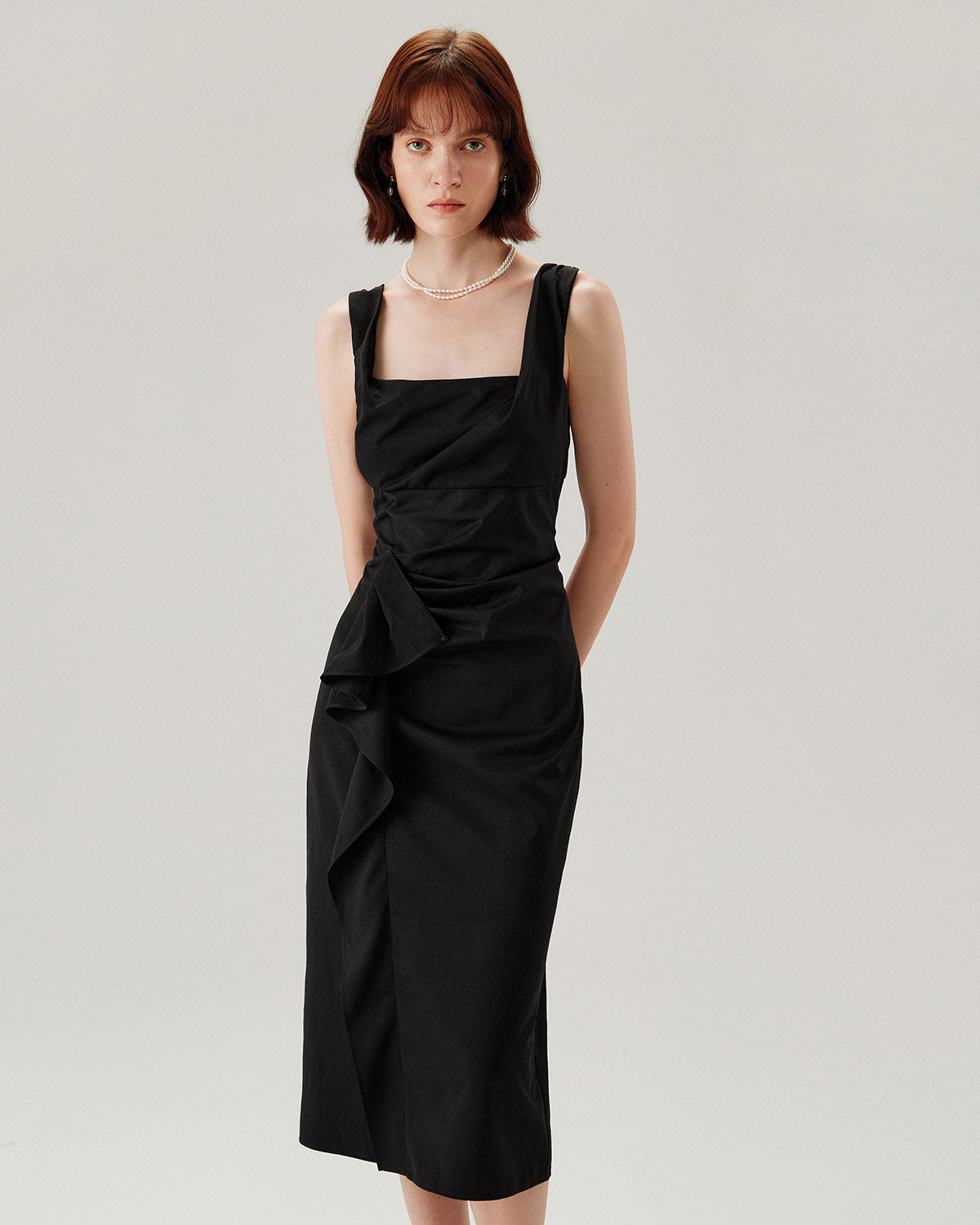 Belltoile™ Siyah Fırfırlı Dantelli Slip Midi Elbise
