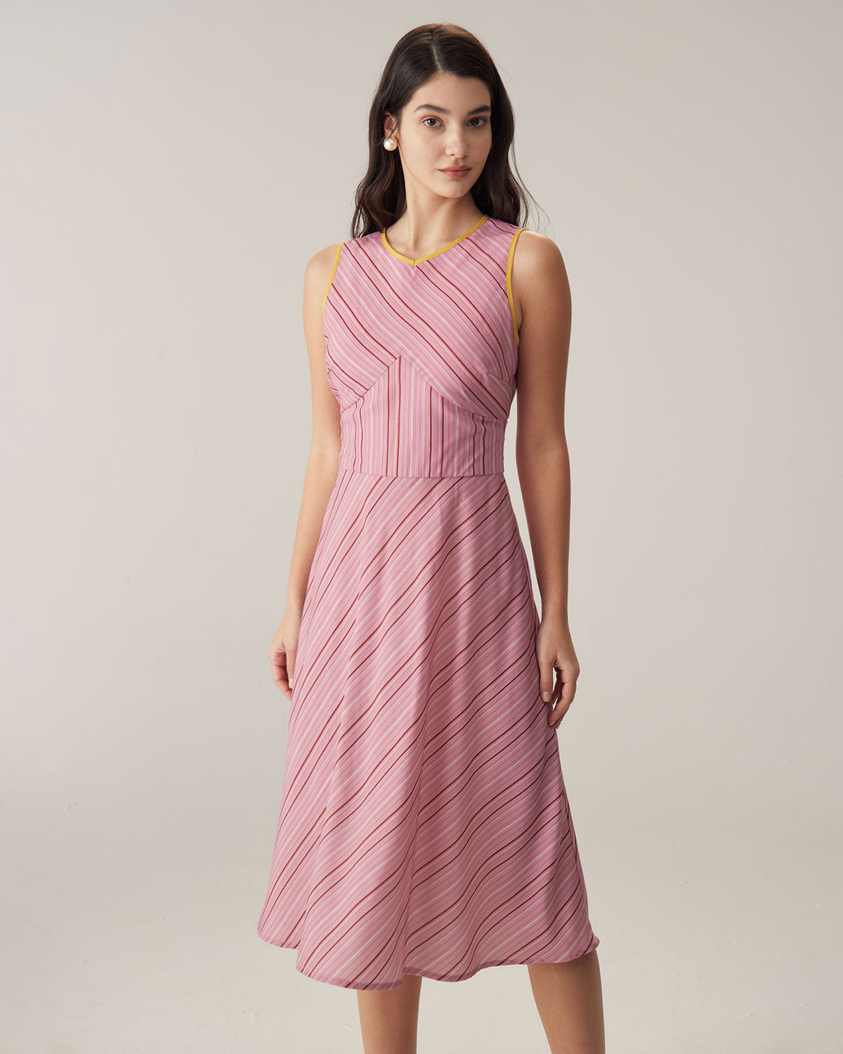 Belltoile™ Pembe Çizgili V Yaka Kolsuz Midi Elbise