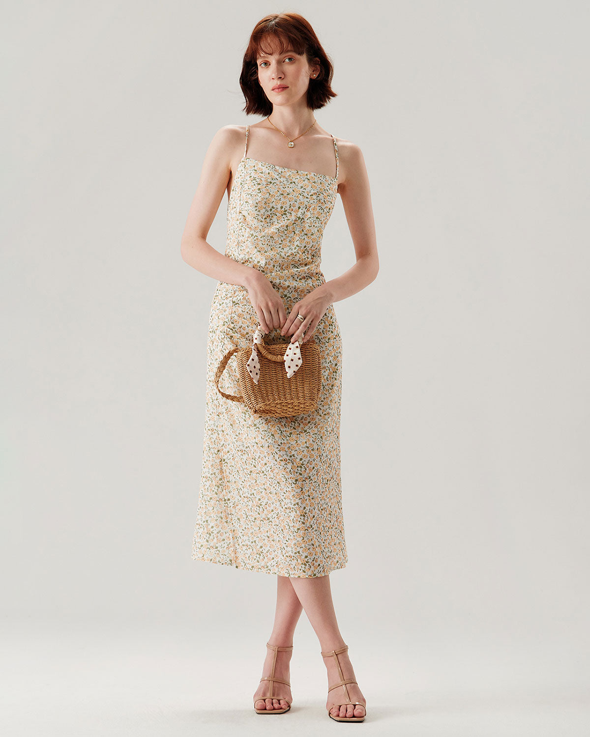 Belltoile™ Sarı Çiçekli Dantelli Slip Midi Elbise