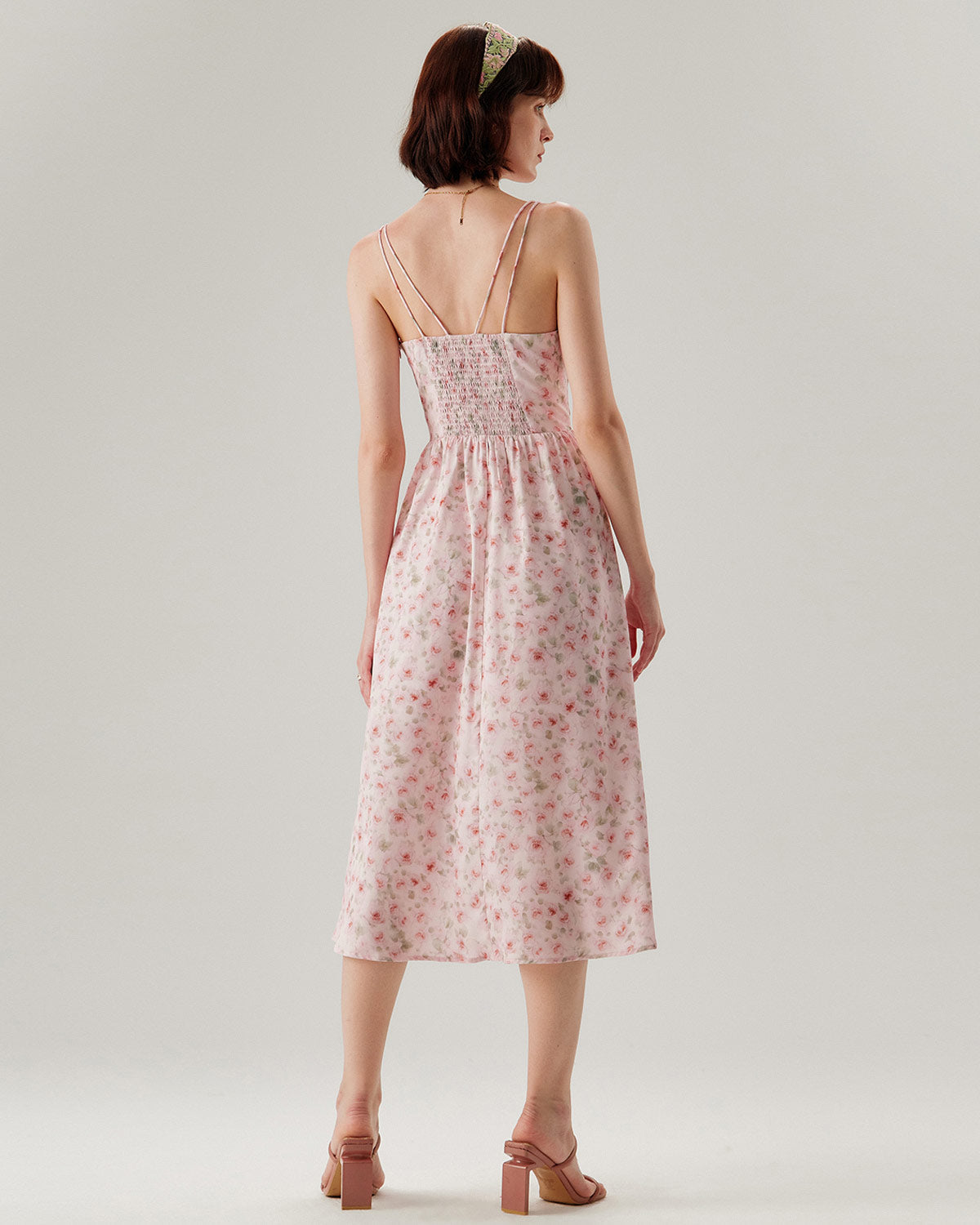 Belltoile™ Pembe Çiçekli Büzgülü Slip Midi Elbise
