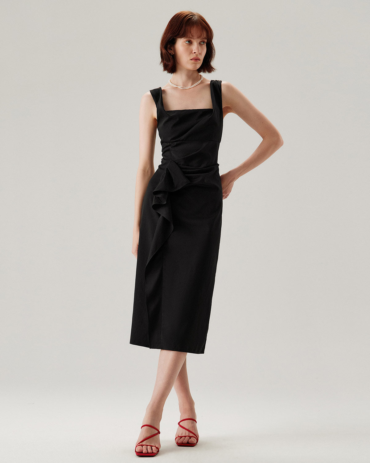 Belltoile™ Siyah Fırfırlı Dantelli Slip Midi Elbise