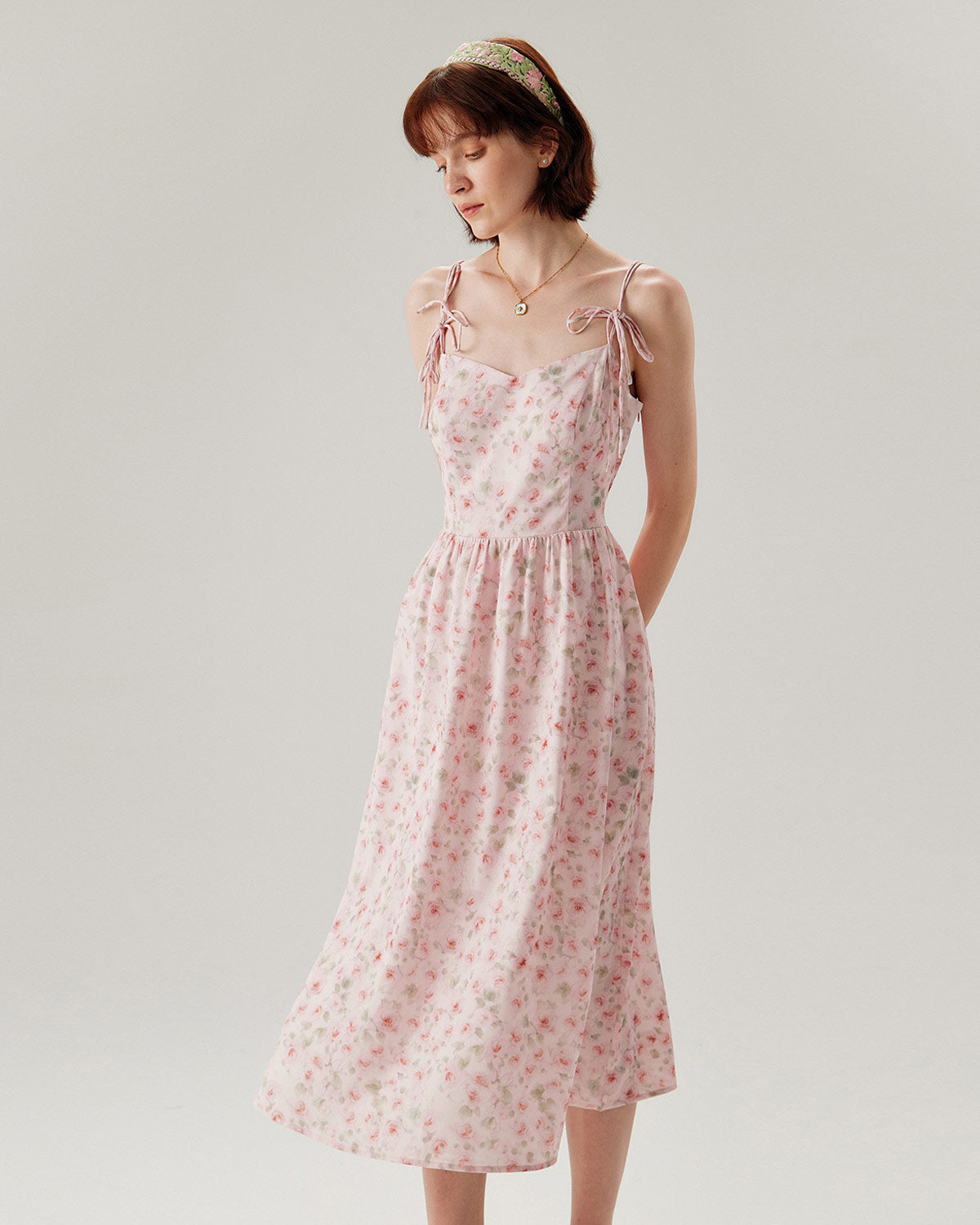 Belltoile™ Pembe Çiçekli Büzgülü Slip Midi Elbise