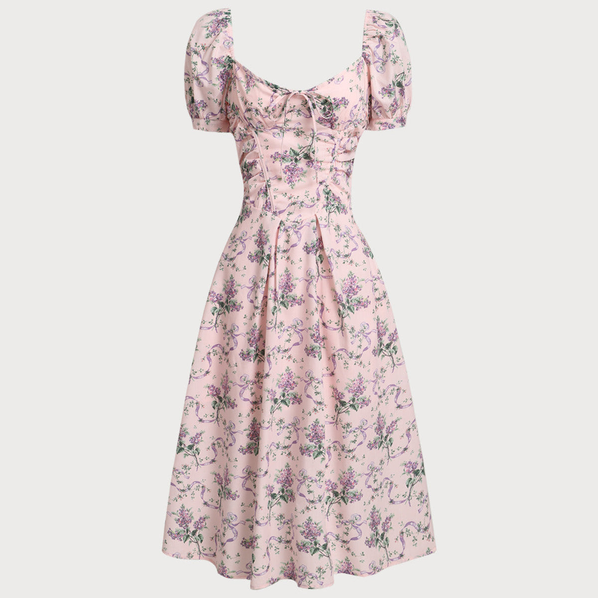Belltoile Pembe Çiçekli Kalp Yaka Midi Elbise