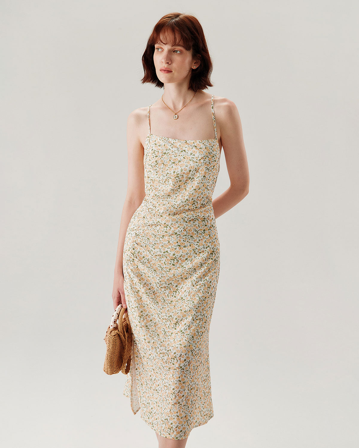 Belltoile™ Sarı Çiçekli Dantelli Slip Midi Elbise