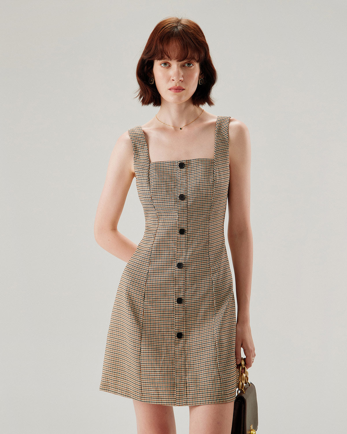 Belltoile™ Kahverengi Ekose Düğmeli Slip Mini Elbise