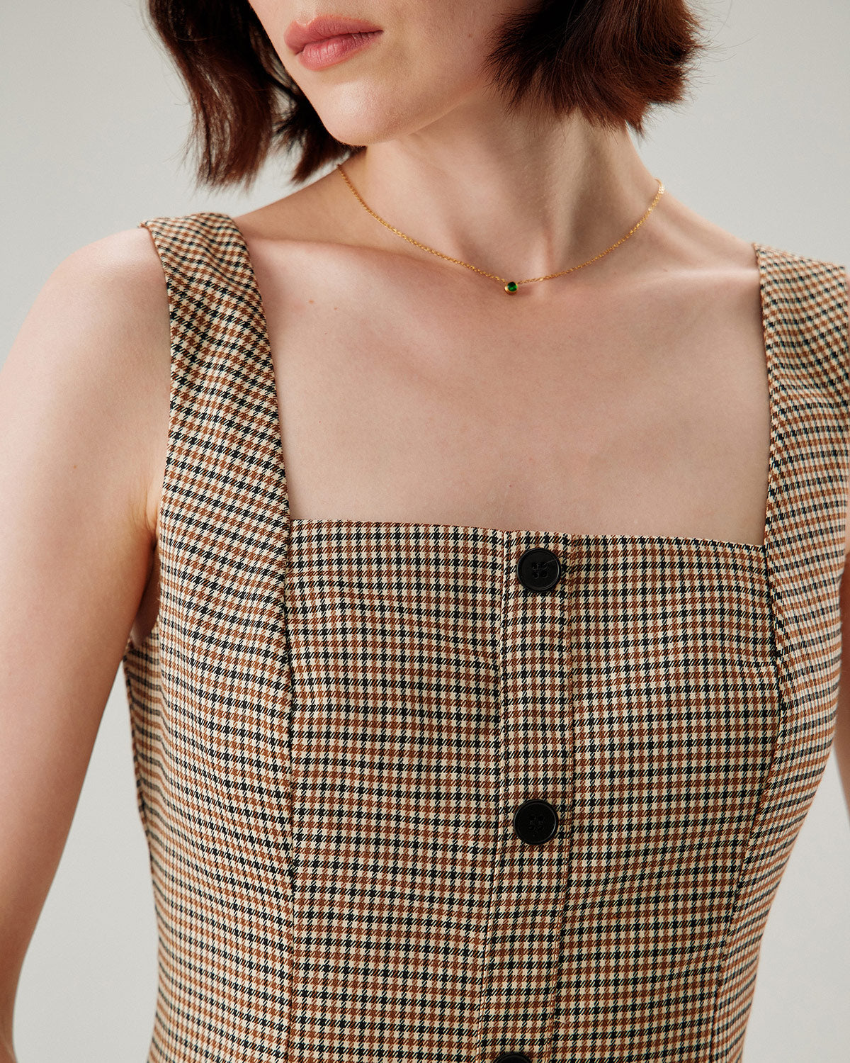 Belltoile™ Kahverengi Ekose Düğmeli Slip Mini Elbise