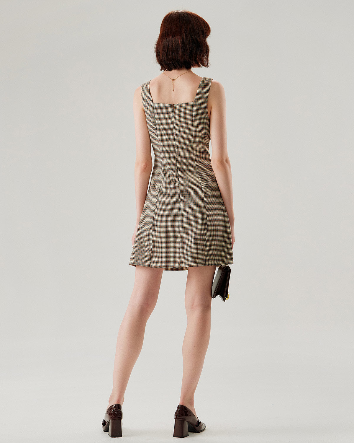 Belltoile™ Kahverengi Ekose Düğmeli Slip Mini Elbise