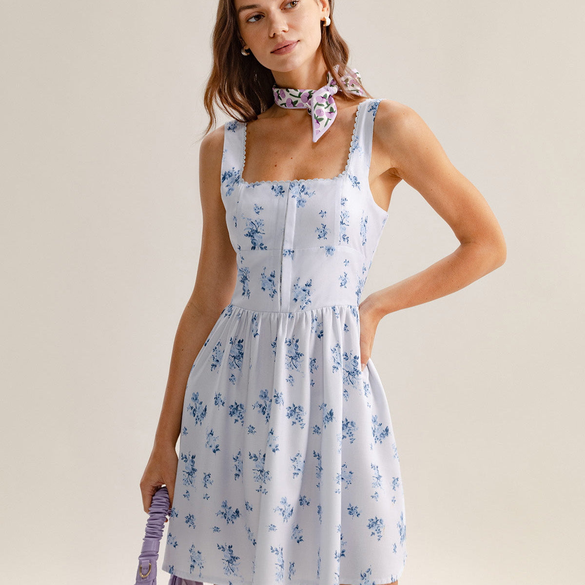 Belltoile™ Mavi Çiçekli Kare Yaka Slip Mini Elbise