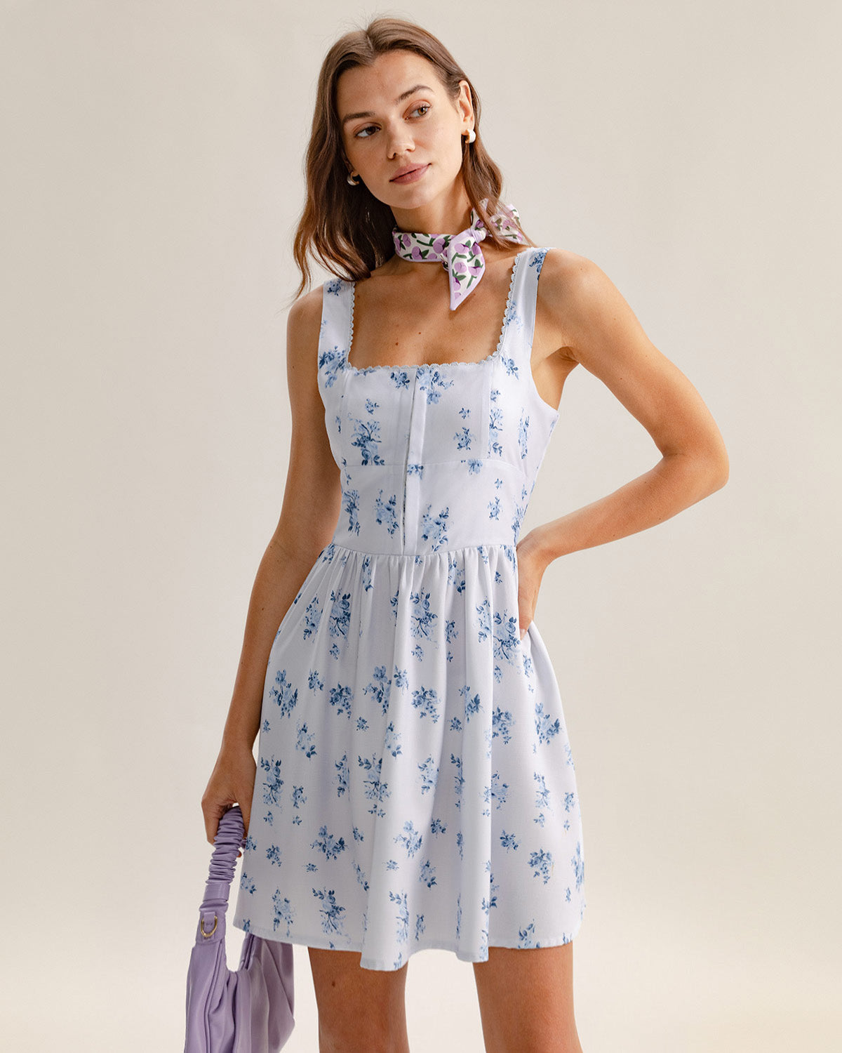 Belltoile™ Mavi Çiçekli Kare Yaka Slip Mini Elbise