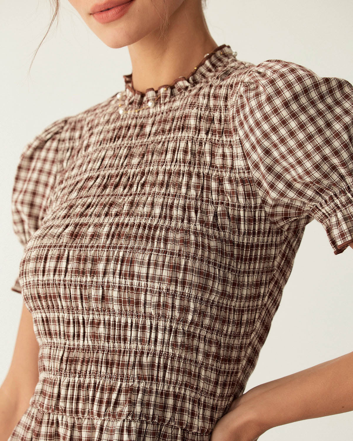 Belltoile™ Kahve Ekose Kabarık Kol Mini Elbise