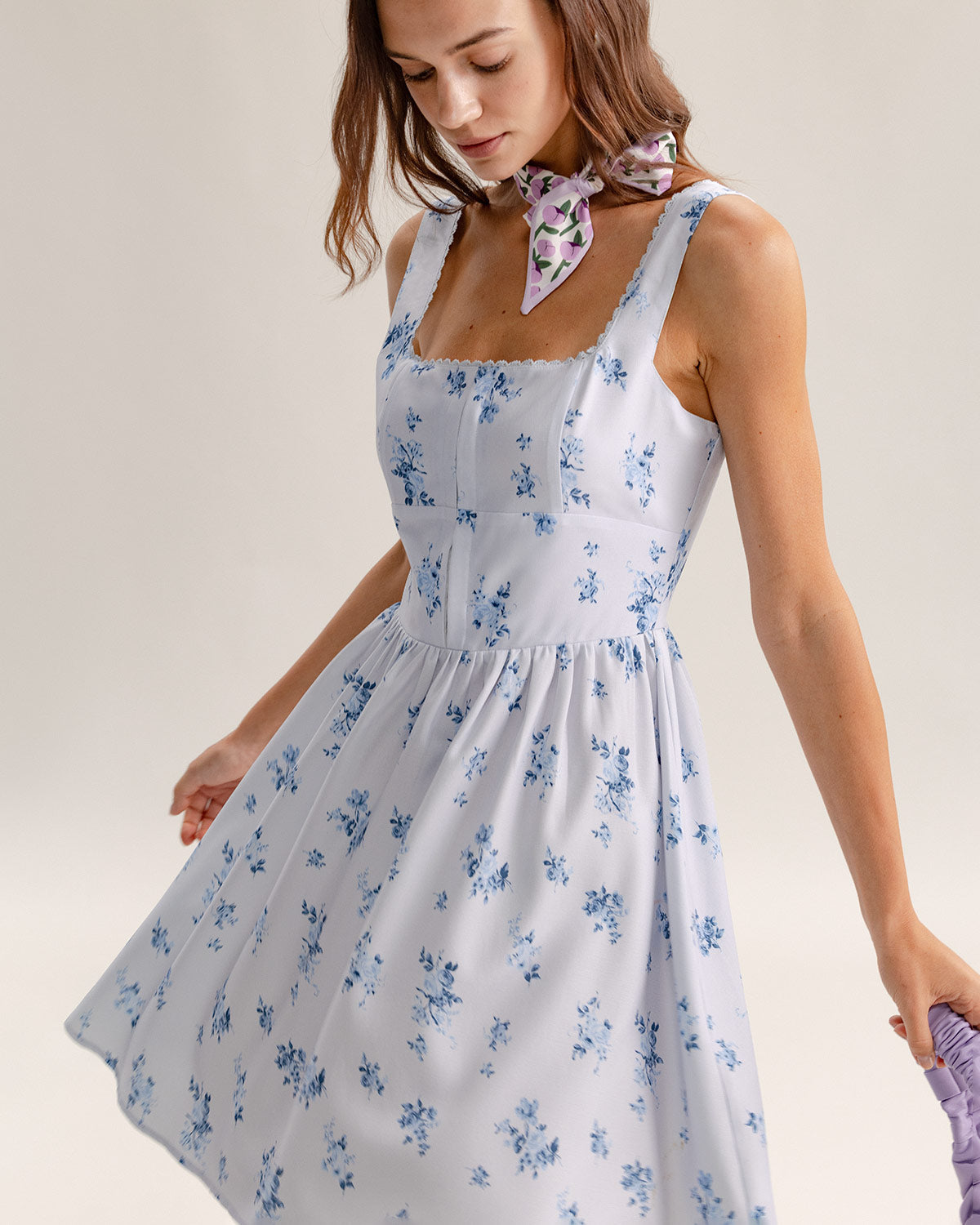 Belltoile™ Mavi Çiçekli Kare Yaka Slip Mini Elbise