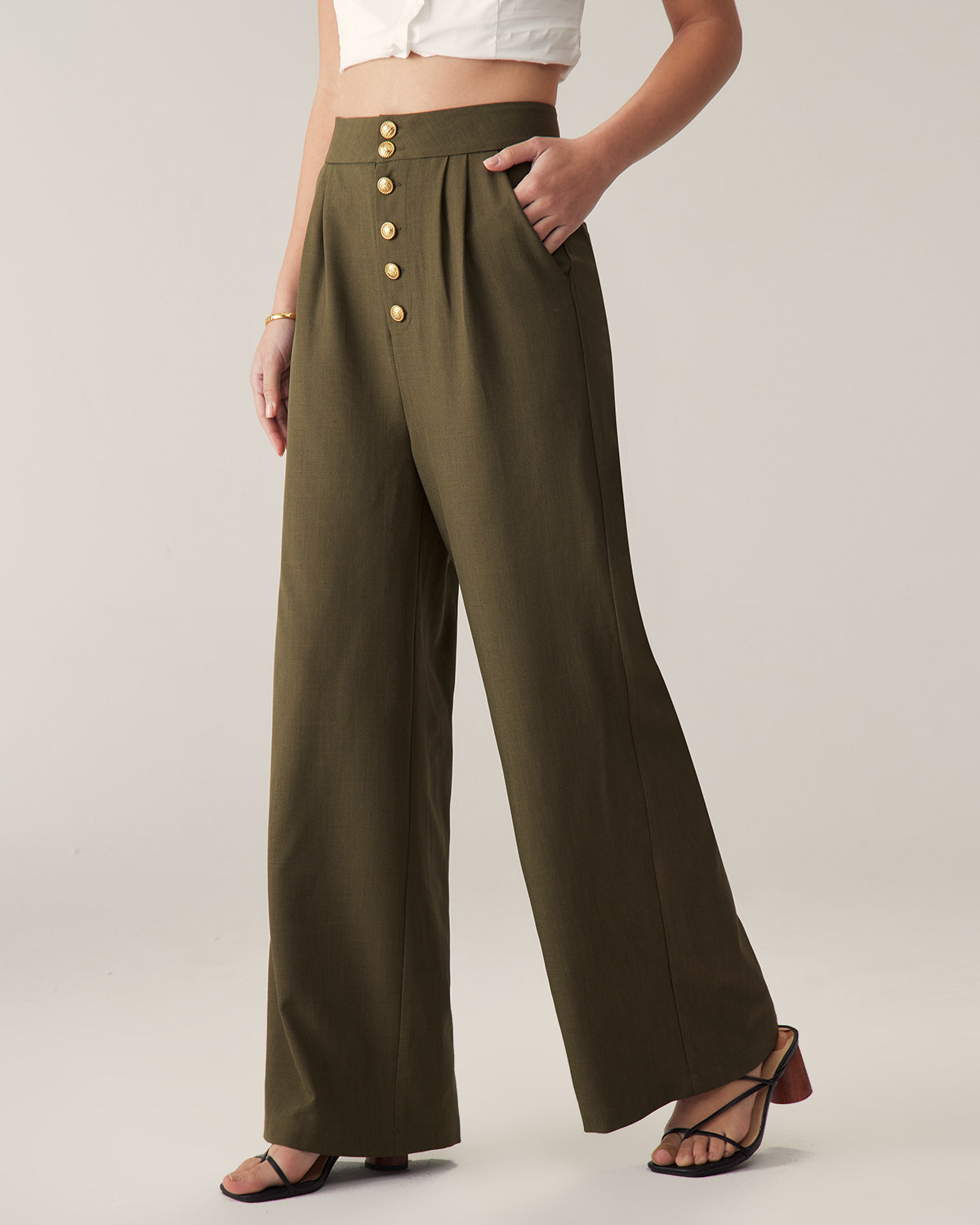 Belltoile™ Yeşil Yüksek Bel Düz Bol Paça Pantolon